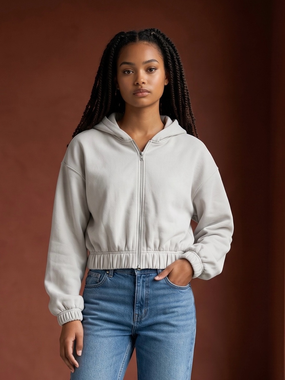 Zara Light Gray Cropped Zip Hoodie Sweatshirt Size L